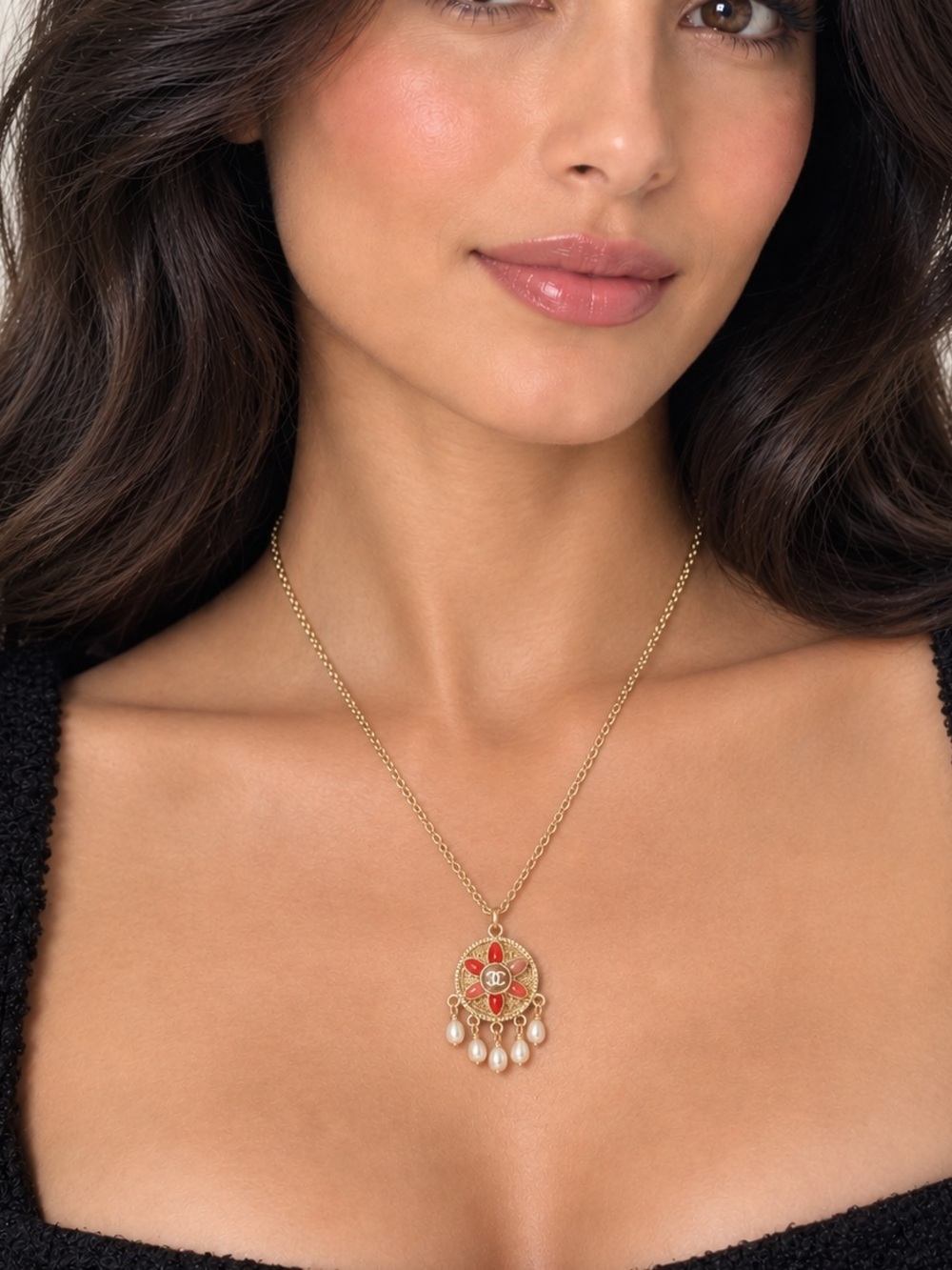 CHANEL Gripoix Gold-Tone Pendant Necklace with Red Enamel Flower and Pearl Drops - Picture 2 of 8